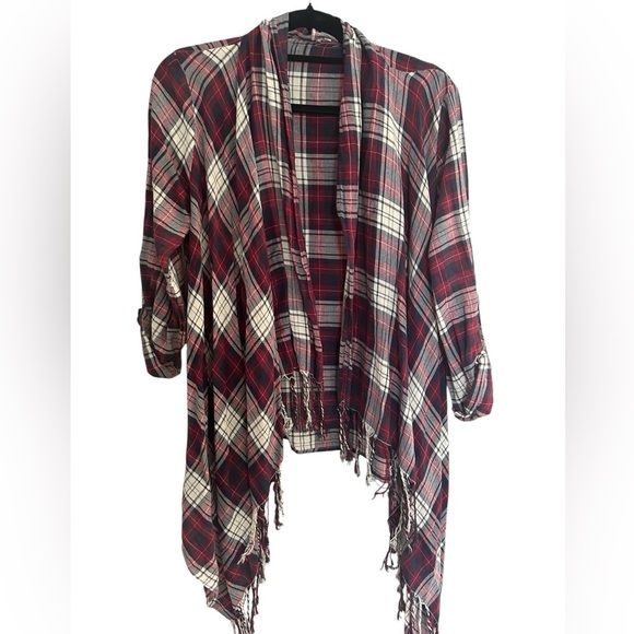 En Creme Plaid Flannel Fringed Cardigan Scarf Shaw Sz M - Picture 5 of 8